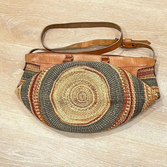 Vintage African Sisal Market Woven Bag Leather Handles & Strap Painted Giraffe - Picture 9 of 11